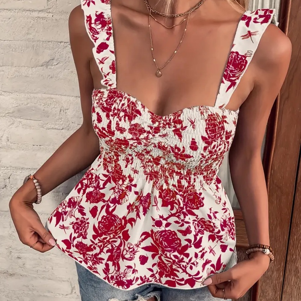 Aster June Red and white sweetheart boho top